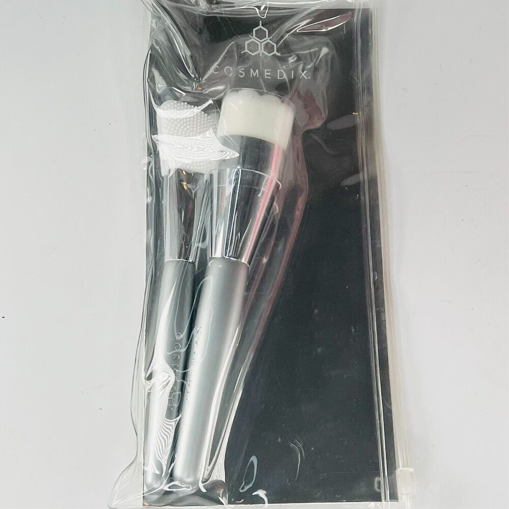 Cosmedix Cleansing + Silicone Mask Applicator 2pc Brush Set Silver White NIB